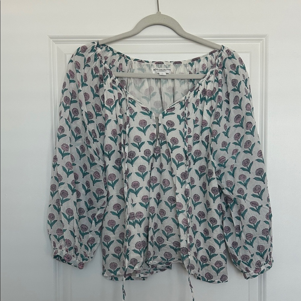 Emerson Fry White Blouse with Pink Floral and Green Leaf Print